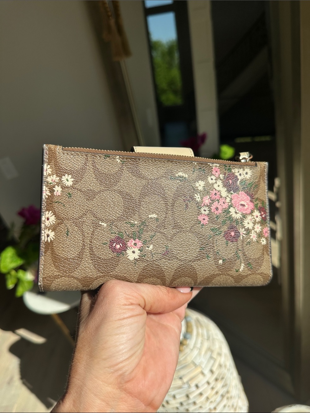 Coach Brown Floral Signature Canvas Wristlet Wallet with Cream Trim - Picture 3 of 5